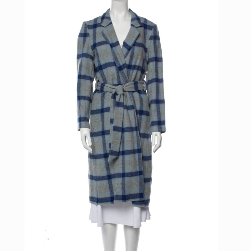 Reformation Gray Blue Plaid Wool Blend Belted Trench Coat